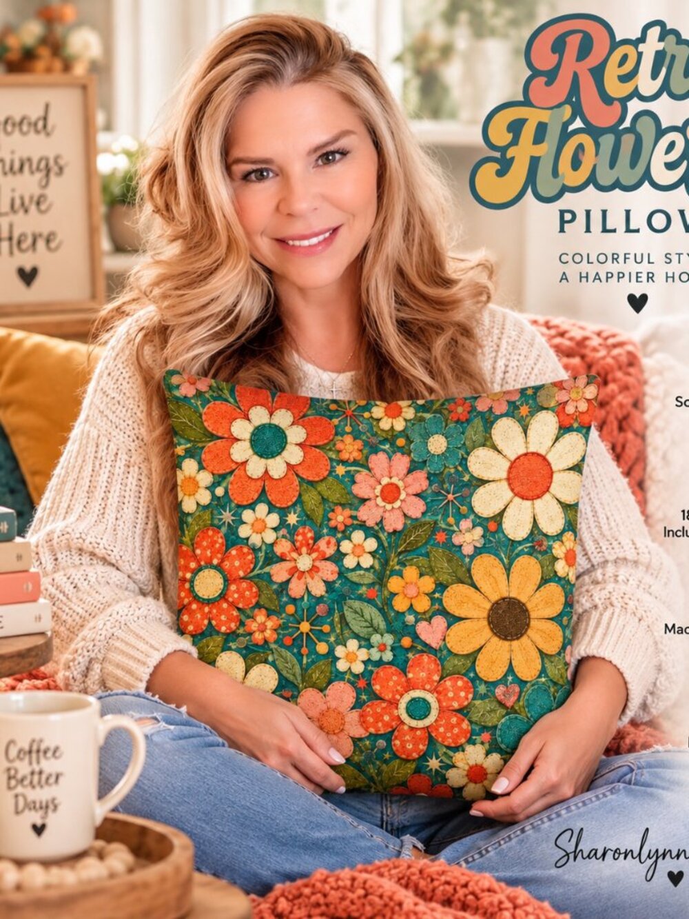 Retro Flower Pillow, 18x18 100% Polyester Faux Linen with Insert - Picture 2 of 9